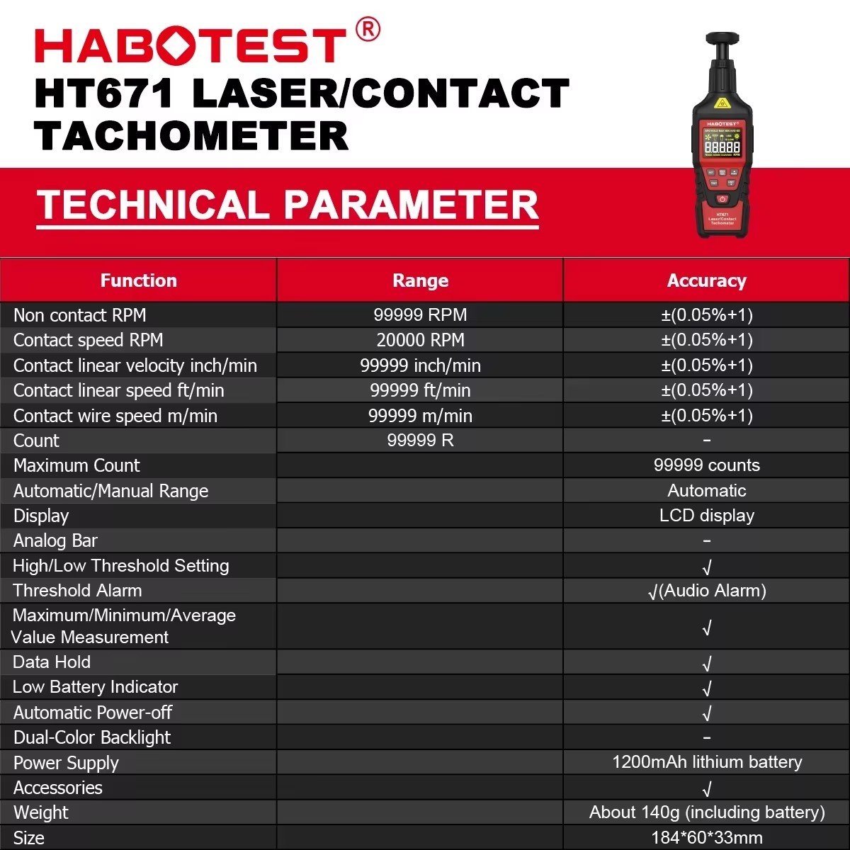 HABOTEST HT671 2-w-1 Cyfrowy T – Industrial Laser Tachometer recenzja i cena